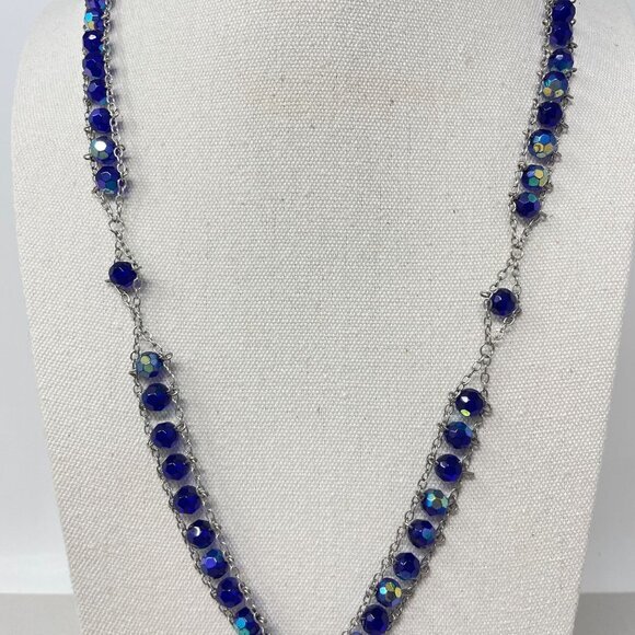 Vintage Aurora Borealis Beaded Rosary Necklace Blue Glass Long Christianity - Picture 5 of 14